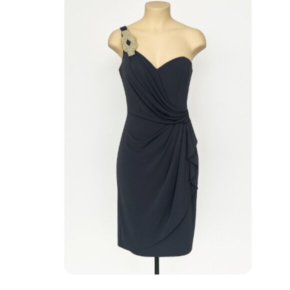 Xscape Joanna Chen Black Rhinestone One Shoulder Dress 8 - Picture 1 of 7
